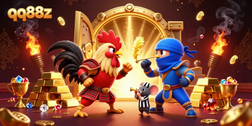 Betting action at qq88z comes alive with dynamic roosters in a dazzling casino scene.