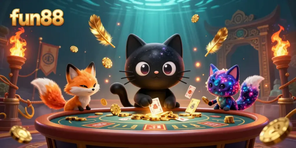 Experience the thrill of fun88 in a vivid cosmic casino setting featuring a black hole cat and a nebula fox.