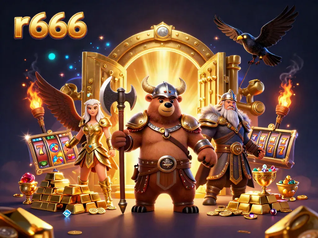Engage in thrilling adventures with r 666 through a dynamic casino gaming scene featuring a Viking berserker and treasures.