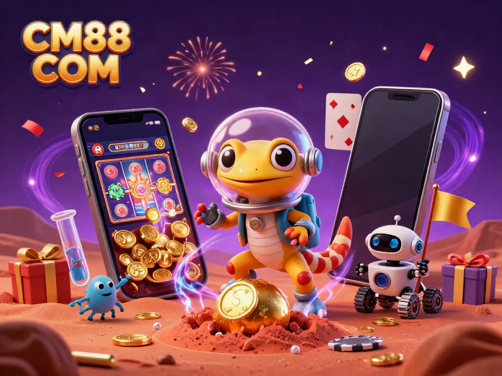 Join the celebration at CM88 COM, where a Martian gecko and robot uncover a golden casino in an interstellar adventure.