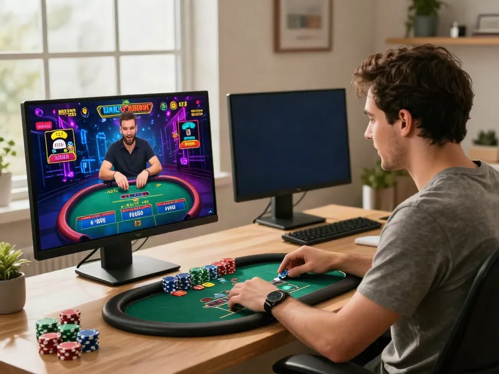 Player enjoying an interactive Net88 online casino game in a lively home office.
