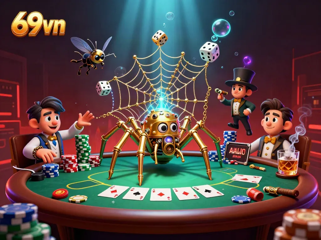 Engage with thrilling action of the 69vn casino, featuring a steampunk spider and poker elements.