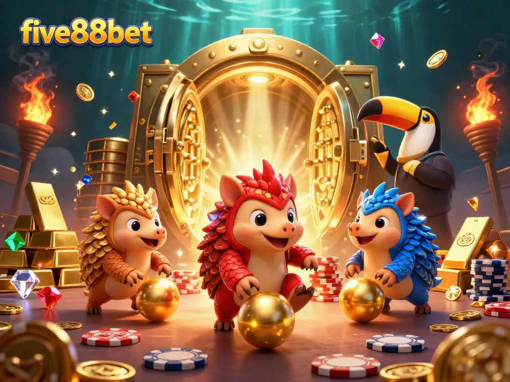 Engaging five88bet scene of rival pangolins rolling golden balls, amidst a vibrant casino atmosphere.