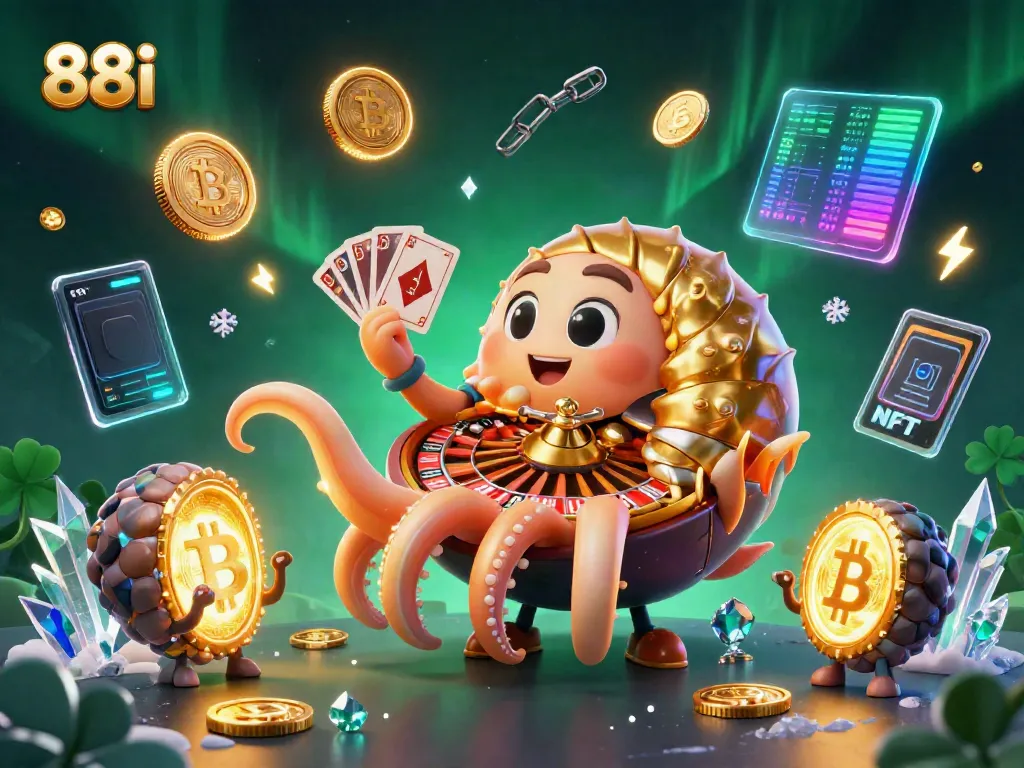 Engage in thrilling games at 88i with vibrant 3D casino characters and glowing crypto elements.