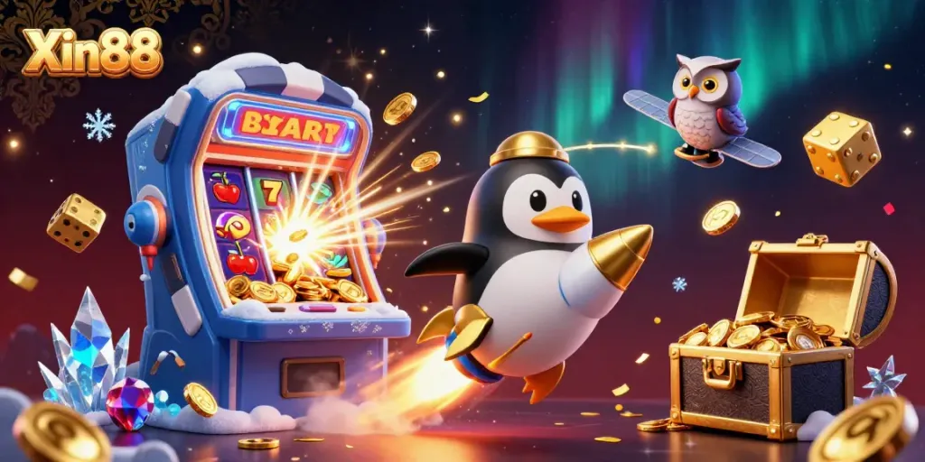 Win big at Xin88 with a vibrant 3D golden penguin casino adventure illustration.