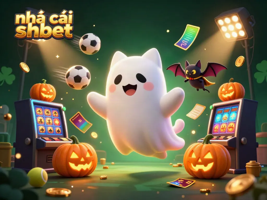 Engaging scene of nhà cái shbet with a friendly ghost cat and vampire bat in a haunted casino setting.