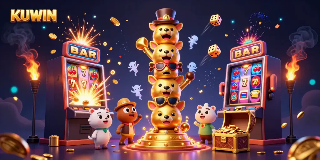 Experience thrilling wins at KUWIN with vibrant 3D casino scenes featuring colorful games and jackpots.