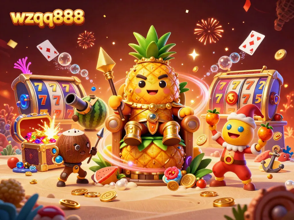 Experience the excitement of wzqq888 with a golden pineapple king and vibrant casino elements.