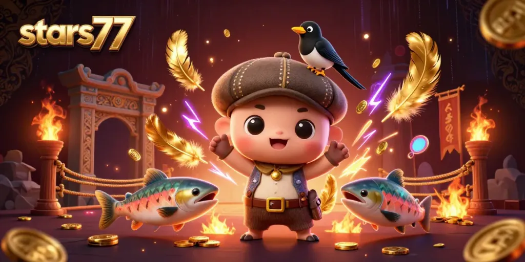 Menangkan permainan kasino dengan stars77, lihat ilustrasi ceria 3D Nessie dan teman-teman emasnya.