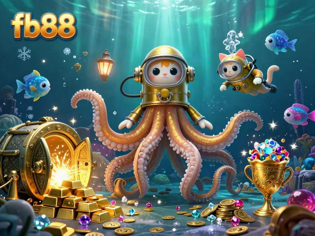 Engage with the dynamic world of fb88, showcasing a kraken amidst treasure and deep-sea adventures.