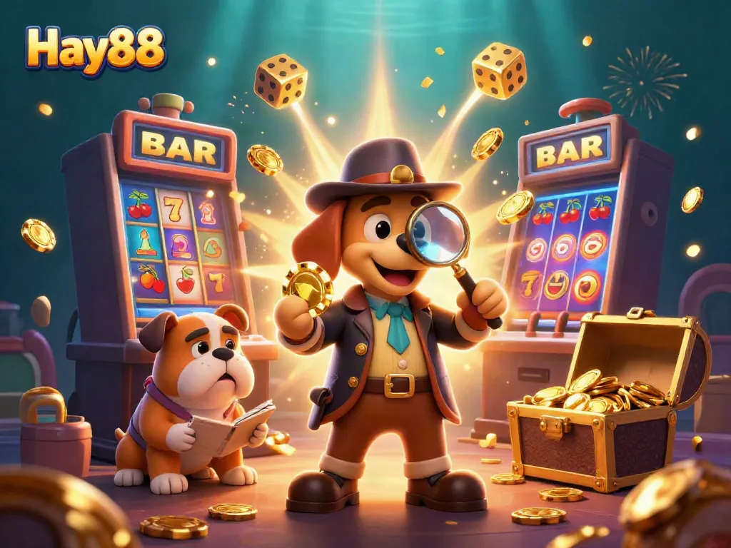 Join Hay88 with characters examining a poker chip surrounded by festive casino elements.