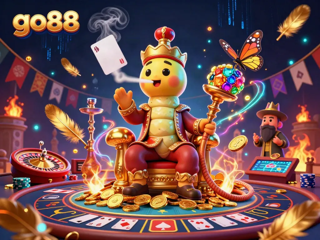 Experience the excitement of go88 with a vibrant live casino scene featuring an animated caterpillar hosting a game.