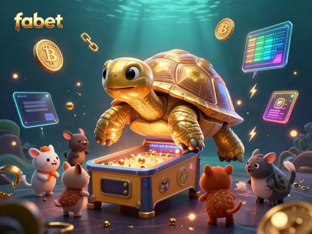 Engage with fabet's colorful casino illustration showcasing a golden tortoise pinball machine surrounded by crypto elements.